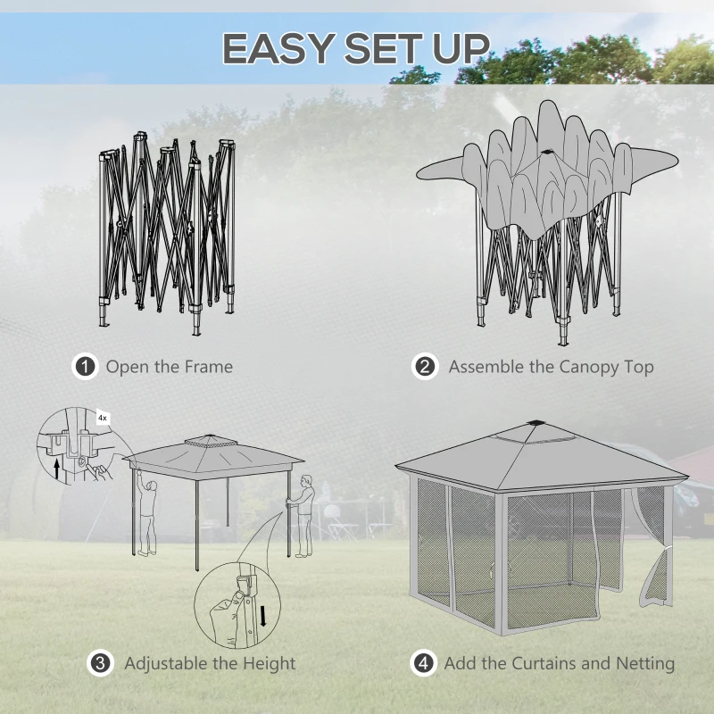 Outsunny 11x11FT Pop Up Canopy, Solar-Powered LED Lights, Netting, Roller Bag, Height Adjustable Instant Sun Shelter
