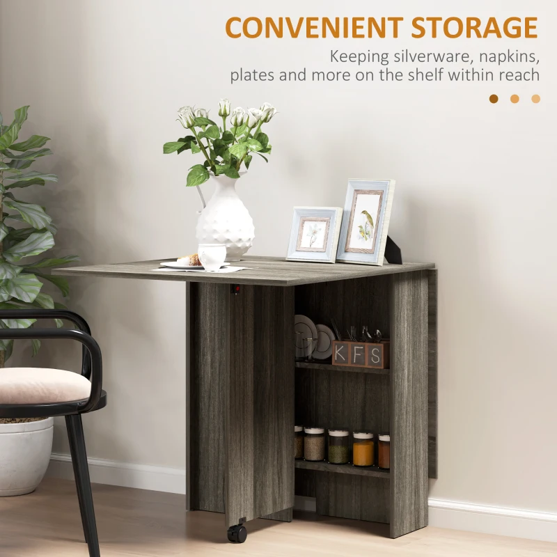 HOMCOM Extendable Dining Table, Collapsible Folding Table w/ 2-tier Shelves and Rolling Casters, Grey Wood Grain