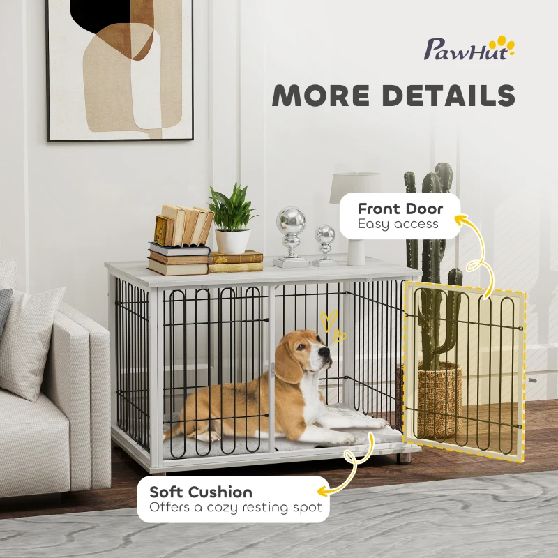 PawHut Dog Crate Furniture with Washable Cushion, Adjustable Feet for Medium Dogs, Indoor Use, Grey