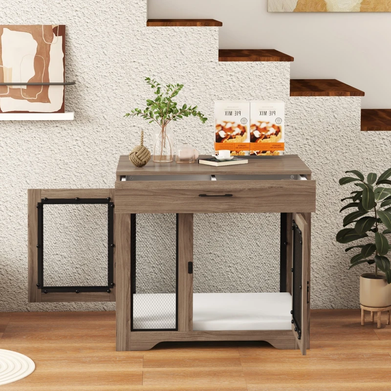 PawHut Dog Crate Furniture with Soft Water-Resistant Cushion, Drawer, for Small Dogs, Brown