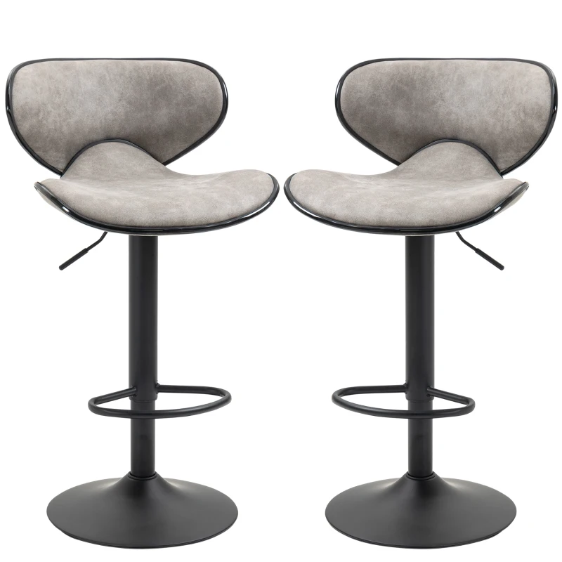 HOMCOM Adjustable Bar Stools Set of 2, Swivel Counter Height Barstools, Leathaire Upholstered Kitchen Island Stools with Back, Footrest and Steel Base, Taupe Grey