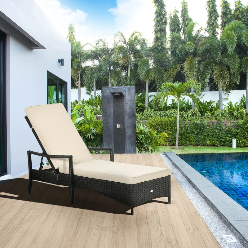 Outsunny Wicker Chaise Lounge, 4 Position Adjustable Backrest and Cushions Outdoor Lounge Chair PE Rattan Sun Lounger for Poolside, Balcony or Garden, Beige
