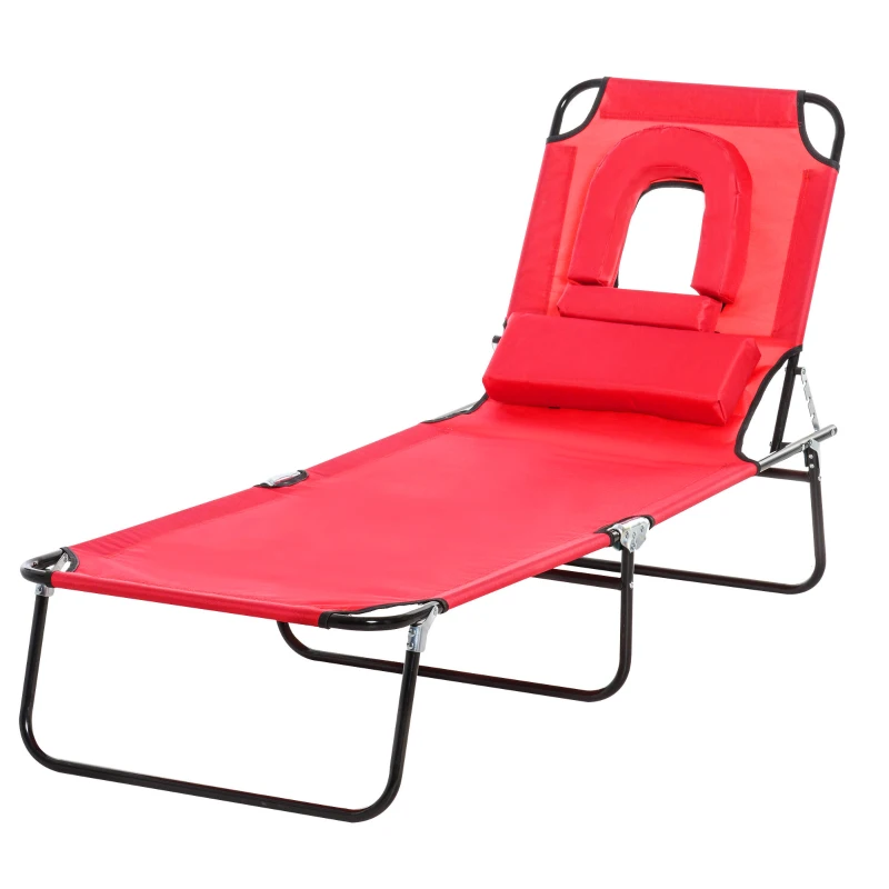 Outsunny Adjustable Outdoor Lounge Chair, Garden Folding Chaise Lounge with Face Hole Reclining Tanning Chair Seat, Folding Camping Beach Lounging Bed w/ Support Pillow, Red