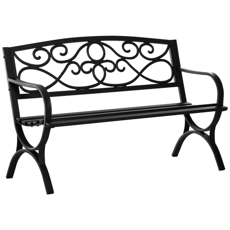 Outsunny 50" 2-Seater Outdoor Garden Bench Antique Loveseat with Armrest for Yard, Lawn, Porch, Patio, Steel/ Black