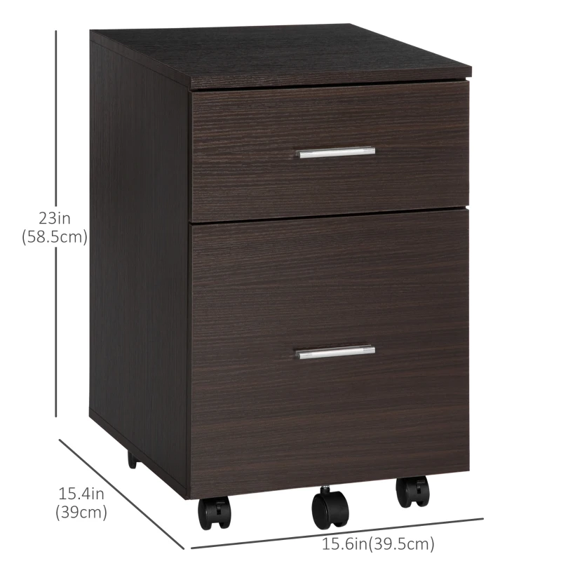 Vinsetto Mobile Filing Cabinet, Vertical File Cabinet with 2 Drawers, Wheels, for Letter or A4 File, Brown