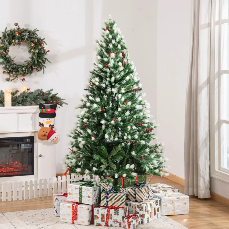 HOMCOM 6' Tall Unlit Snow-Flocked Fir Artificial Christmas Tree with Realistic Branches, Red Berries and 836 Tips, Green / White