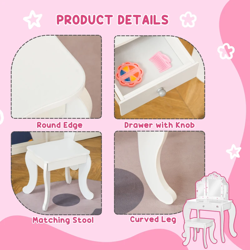 Qaba Kids Vanity Table and Stool, Makeup Vanity Girls Dressing Table Set with Tri-folding Mirrors Drawer Star and Heart Pattern, White