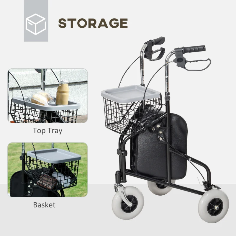 HOMCOM Upright Walker Up Rollator, Rolling Walker with Wheels, Storage Bag, Tray, Adjustable Handle Height, Black