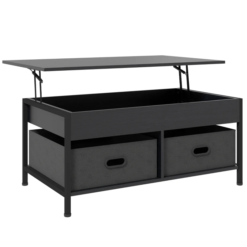 HOMCOM Industrial Coffee Table, Lift Top Coffee Table with Storage, Live Edge Coffee Table with Open Shelves and Fabric Boxes
