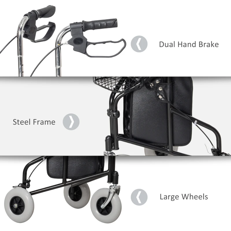 HOMCOM Upright Walker Up Rollator, Rolling Walker with Wheels, Storage Bag, Tray, Adjustable Handle Height, Black