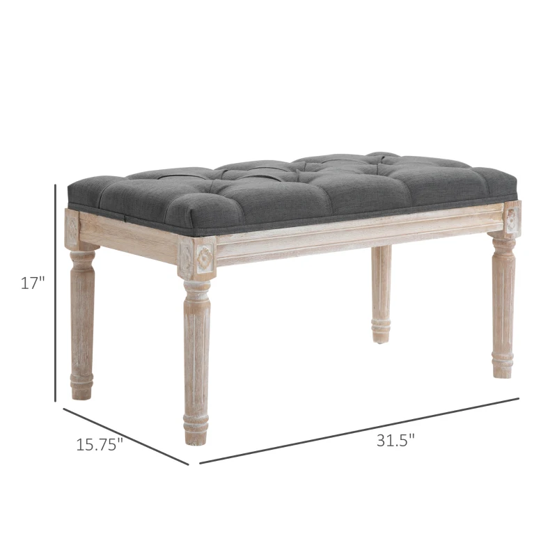 HOMCOM 32" Vintage Ottoman, Tufted Foot Stool with Upholstered Seat, Rustic Wood Legs for Bedroom, Living Room, Gray