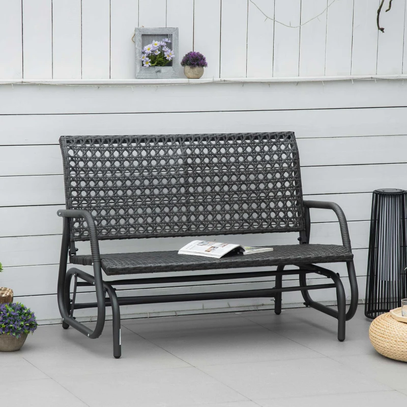 Outsunny 2-Person Outdoor Wicker Glider Bench, Patio Garden PE Rattan Swing Loveseat Chair with Extra Wide Seat and Curved Backrest for Porch, Backyard, Poolside, or Lawn, Dark Grey