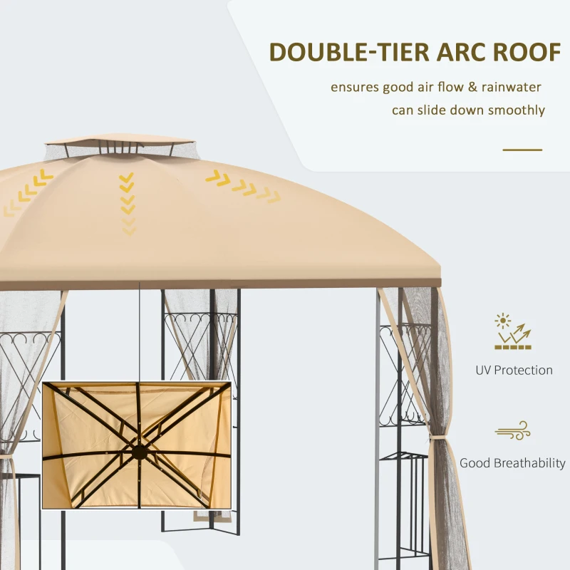Outsunny 10' x 10' Patio Gazebo with Corner Shelves, Double Roof Outdoor Gazebo Canopy Shelter with Removable Mesh Netting, for Garden, Lawn, Backyard and Deck, Beige