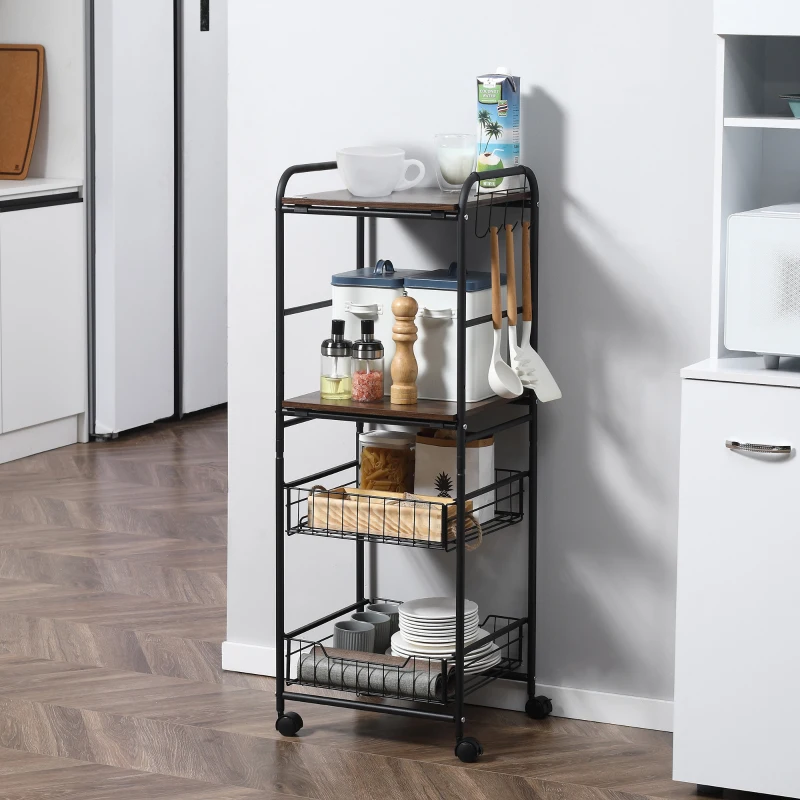 HOMCOM 4 Tier Rolling Kitchen Cart, Utility and Industrial Storage Cart with 2 Basket Drawers, Side Hooks for Dining Room, Walnut