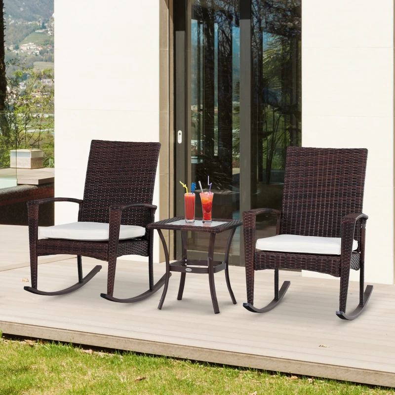 Outsunny 3 Pieces Patio Wicker Rocking Chair Set,  Outdoor PE Rattan Bistro Set Conversation Rocker Set with 2 Chairs 1 Coffee Table for Backyard, Deck, Poolside, Cream White