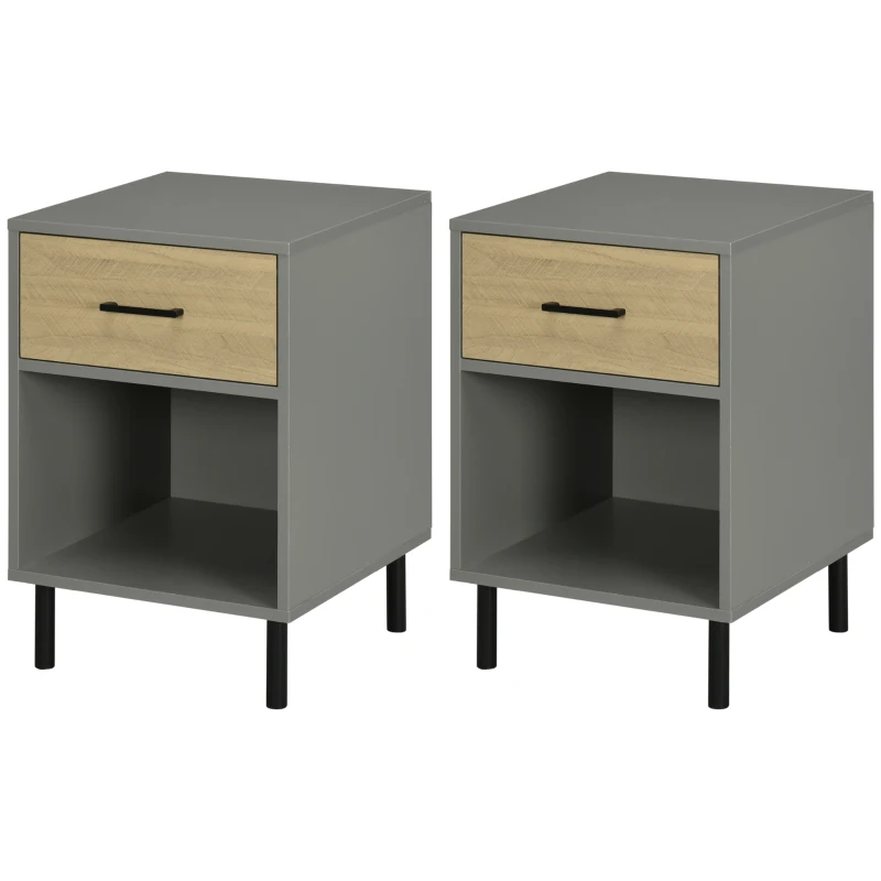 HOMCOM Nightstand Set of 2, Bedside Table with Drawers, Storage Shelf for Bedroom, Grey and Oak