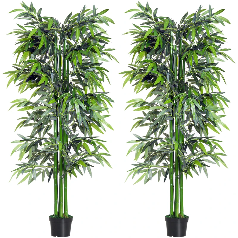 Outsunny Set of 2 6FT Artificial Bamboo Tree Fake Decorative Plant with Nursery Pot for Indoor Outdoor Décor