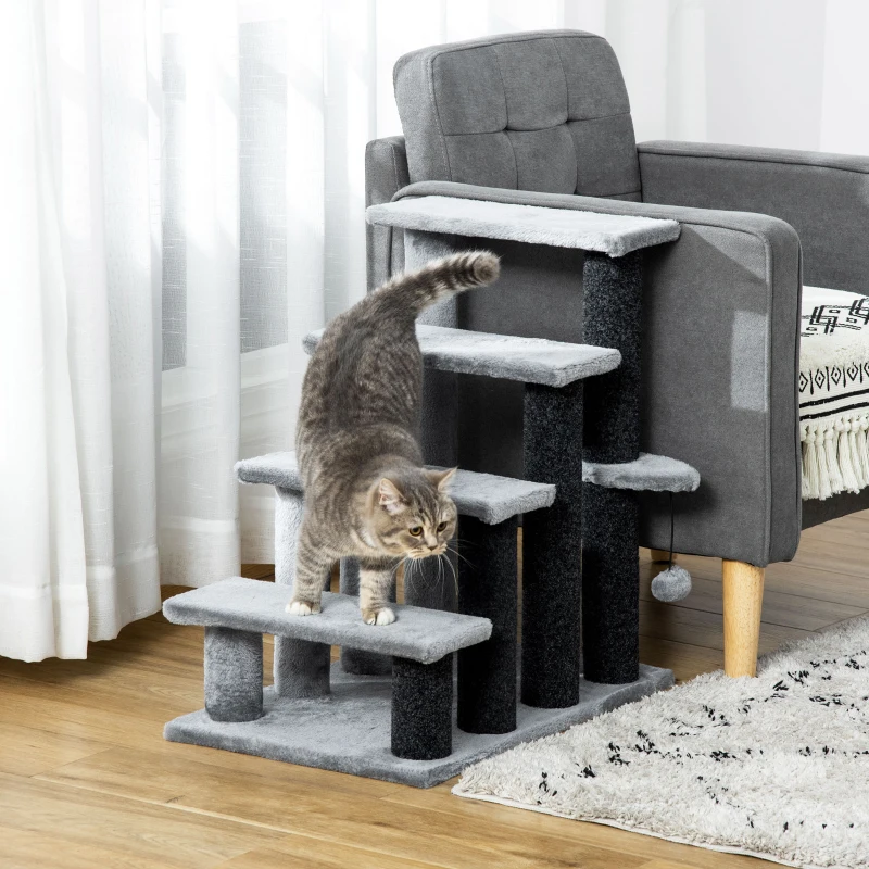 PawHut Cat Stairs for Bed, Couch 4 Steps, Small Cat Tree for Indoor Cats with Scratching Posts Toy Ball, 23.5" x 16" x 25"