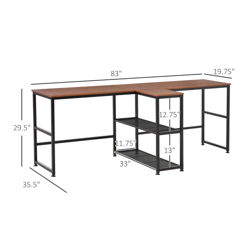 HOMCOM 83" Two Person Computer Desk with 2 Storage Shelves, Double Desk Workstation with Book Shelf,  Long Desk Table for Home Office, Dark Walnut