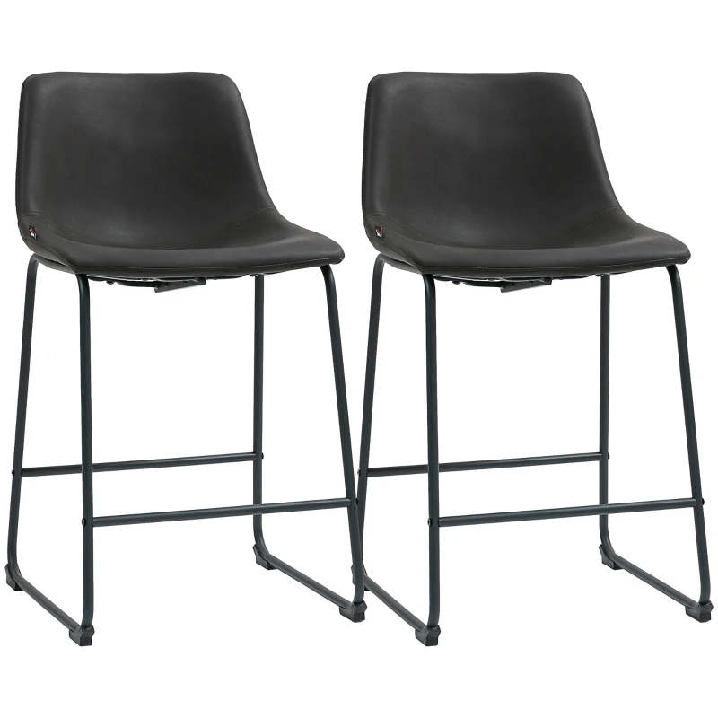 HOMCOM Counter Height Bar Stools Set of 2, Vintage PU Leather Bar Chairs, Kitchen Stool with Footrest, Dark Brown