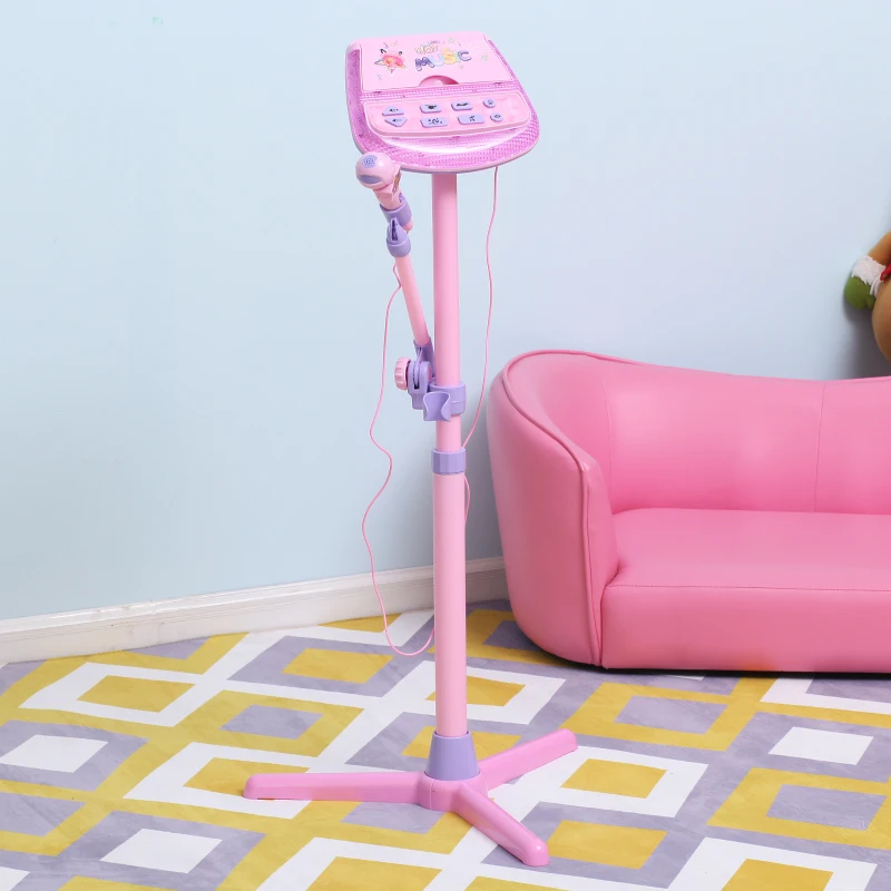 Qaba Kids Karaoke Disco Machine Toy Adjustable Microphone Speaker Stand Connected to iPod Phone MP3 Players Light Pink