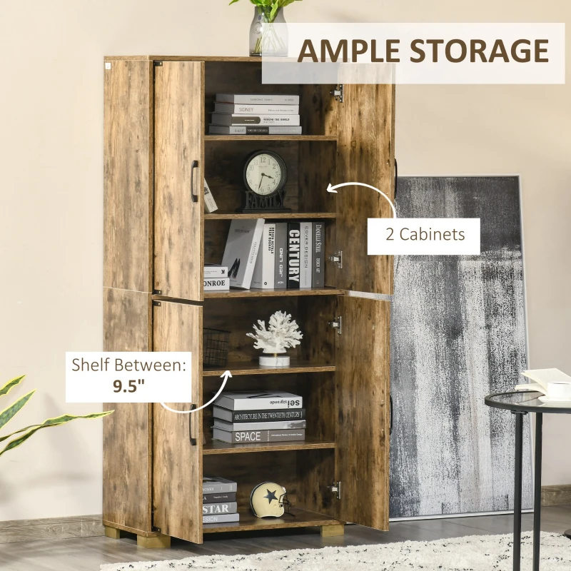 HOMCOM Farmhouse Kitchen Pantry Storage Cabinet with 4 Doors, Kitchen Cabinet with Shelves, Rustic Brown