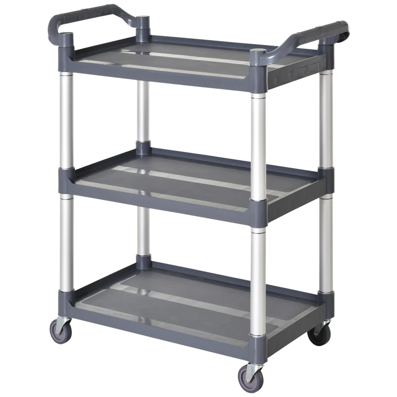 HOMCOM 3-Tier Utility Cart Large Rolling Storage Trolley with 3 Shelves Metal Clean Service Cart, Restaurant, Hotel, Livingroom, Silver and Grey
