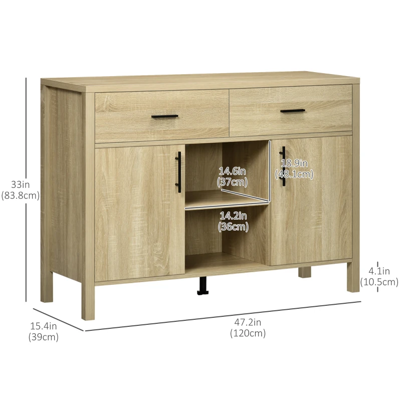 HOMCOM Buffet Table Sideboard and Buffet with 2 Drawers 2 Door Cupboards 2 Open Shelves for Living Room Light Grey