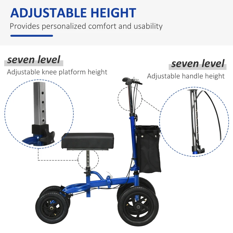 HOMCOM Knee Scooter with Basket, Dual Braking System and 10" All Terrain Wheels, Steerable Knee Walker with Adjustable Height, Foldable Crutch Alternative for Ankle and Foot Injuries, Blue