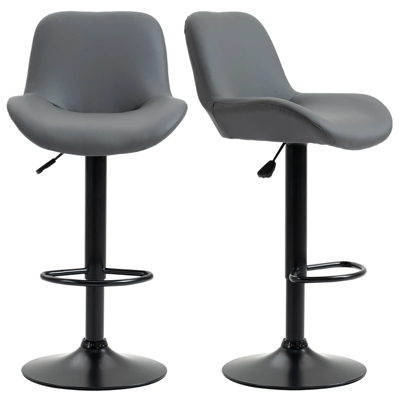 HOMCOM PU Leather Bar Stools Set of 2, Adjustable Height Swivel Bar Chairs with Footrest for Home Pub Area, Grey