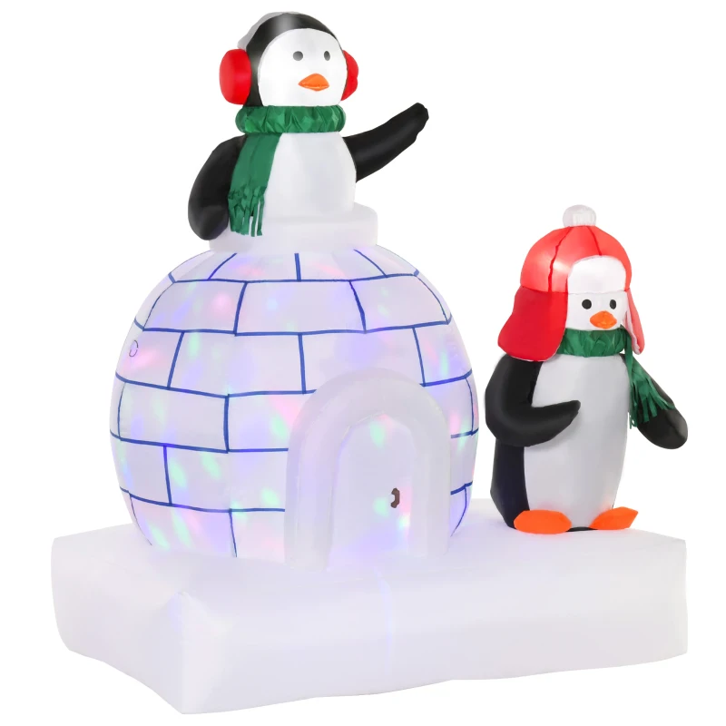 HOMCOM 5 ft Lighted Christmas Inflatables Outdoor Decorations Penguins with a Scarf and Igloo, Rotating Colorful Light, Holiday Yard Christmas Decor