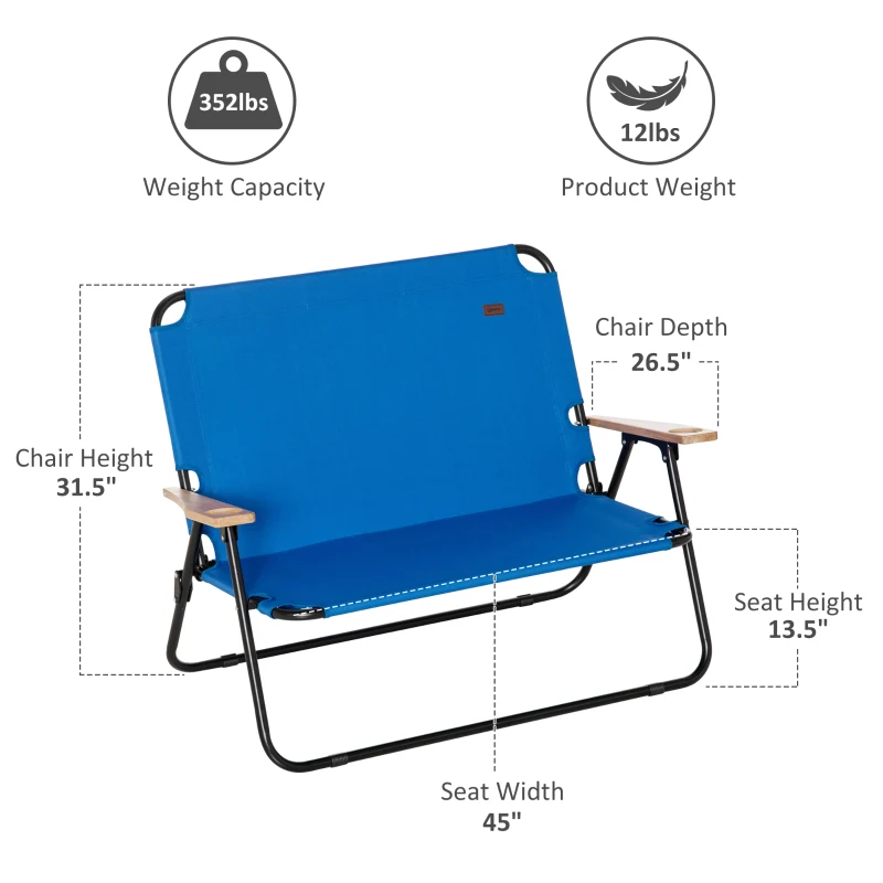 Outsunny Double Folding Camping Chair, Loveseat for 2 Adults, Portable Camping Couch with Wood Armrest & Cupholders, for Backpacking, Beach, Sports Travel, Blue