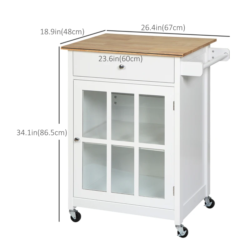HOMCOM Rolling Kitchen Cart with Drawer and Glass Door Cabinet, Kitchen Island on Wheels with Towel Rack, White
