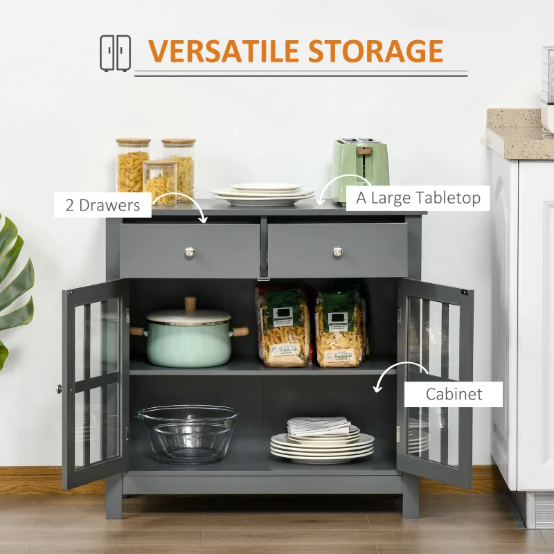 HOMCOM Accent Kitchen Cabinet with Glass Doors, Adjustable Shelf and 2 Drawers for Kitchen ,Grey