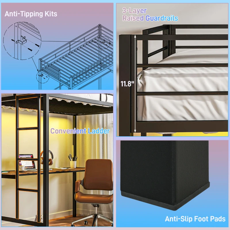 HOMCOM Twin Size Loft Bed with Desk, LED Lights, Charging Station, Twin Metal Loft Bed Frame with Ladder, Black