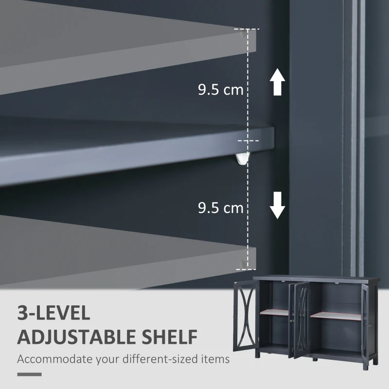 HOMCOM Sideboard, Buffet Cabinet with 4 Tempered Glass Doors, Arc Pattern and Adjustable Storage Shelf, Credenza, Gray