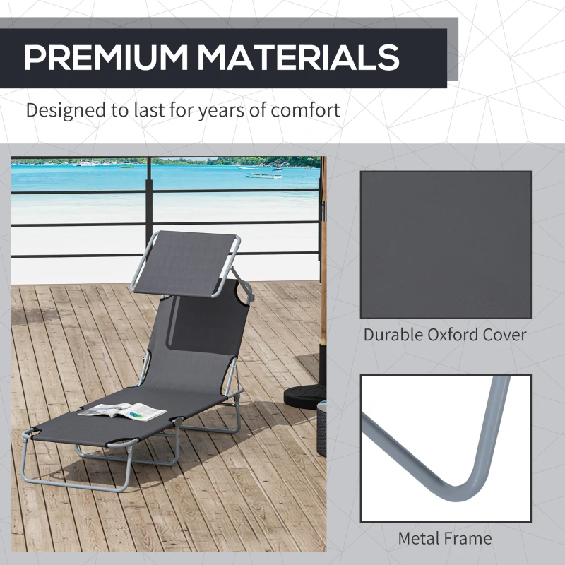 Outsunny Outdoor Lounge Chair, Adjustable Folding Chaise Lounge,  Tanning Chair with Sun Shade for Beach, Camping, Hiking, Backyard, Grey