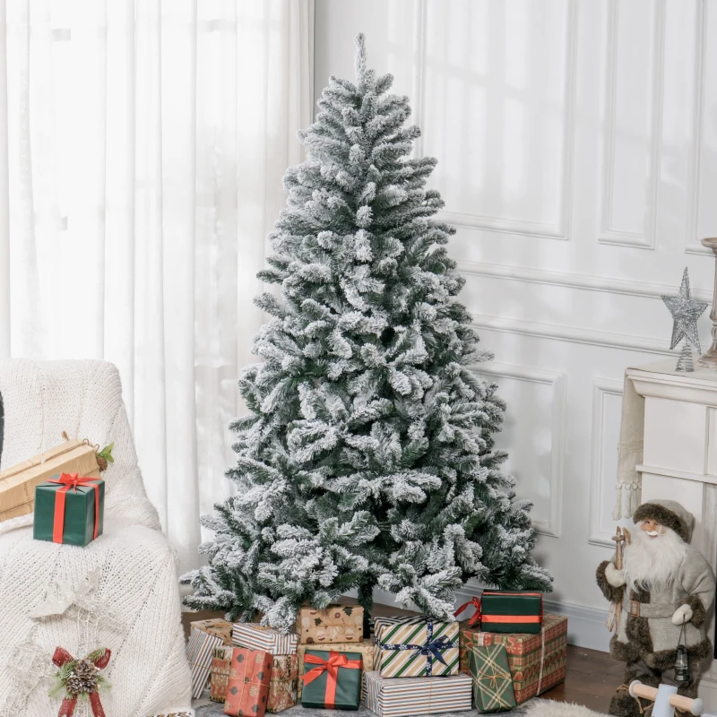 HOMCOM 6 Foot Artificial Flocked Christmas Tree with Snow, Metal Stand, Hinged Xmas Tree for Home Office Holiday