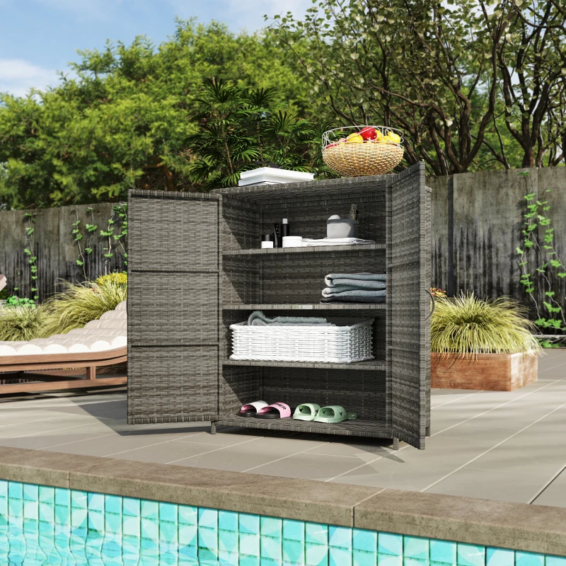 Outsunny Rattan Wicker Outdoor Storage Cabinet with 4 Shelves and 2 Doors for Garden Pool Towel Storage, Mixed Gray