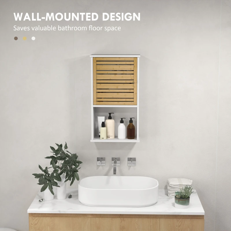HOMCOM Wall Mounted Bathroom Cabinet with Storage, Bathroom Wall Cabinet with Bamboo Slat Door and Adjustable Shelf, White