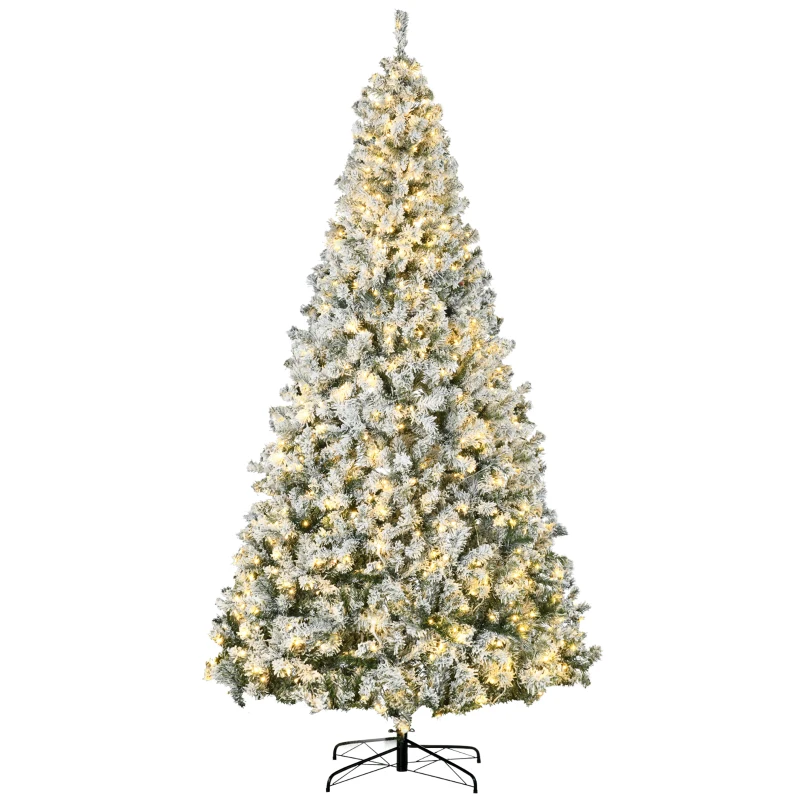 HOMCOM 9' Prelit Artificial Flocked Christmas Trees, with Snow Frosted Branches, Warm White LED Lights, Auto Open
