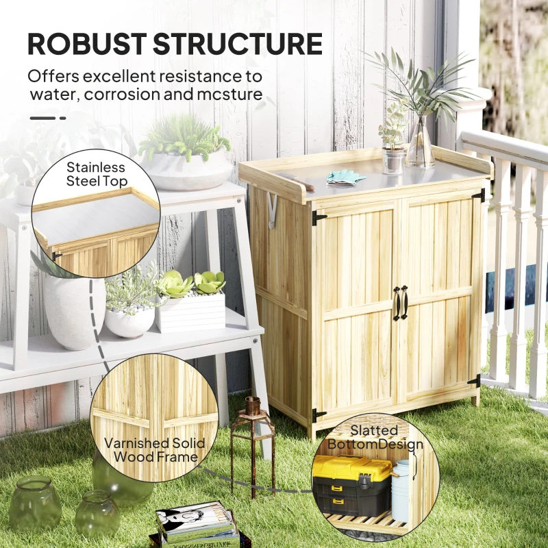 Outsunny Outdoor Storage Cabinet, Garden Tool Shed with Metal Tabletop, Shelf, Wooden Potting Bench with 2 Doors, Natural Wood