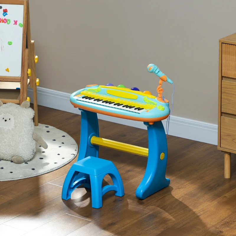 Qaba 37 Key Kids Piano Keyboard with Microphone, Stool, for 3-6 Years, Blue