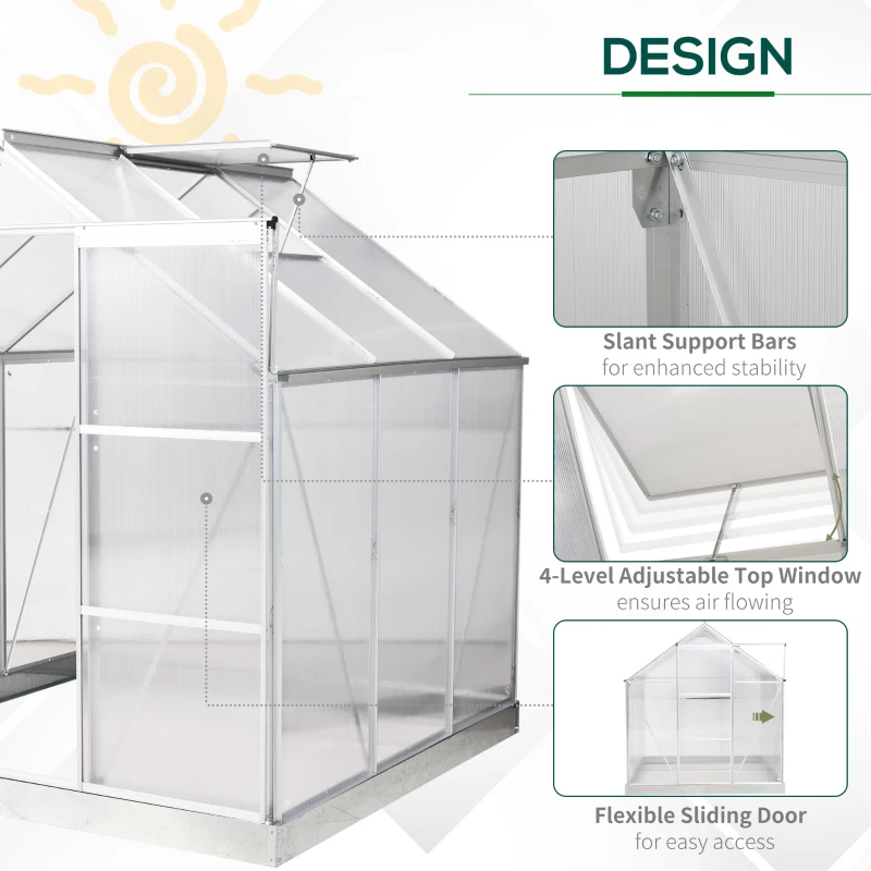 Outsunny 6' x 6' Hobby Greenhouse, Walk-in Polycarbonate Hot House Kit with Aluminum Frame, Sliding Door, Roof Vent, Silver
