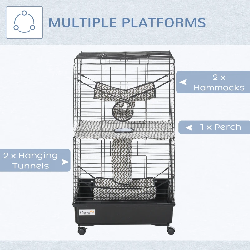 PawHut Small Animal Cage Ferret Cage with Wheels Hammocks Tunnels and 3 Doors Black