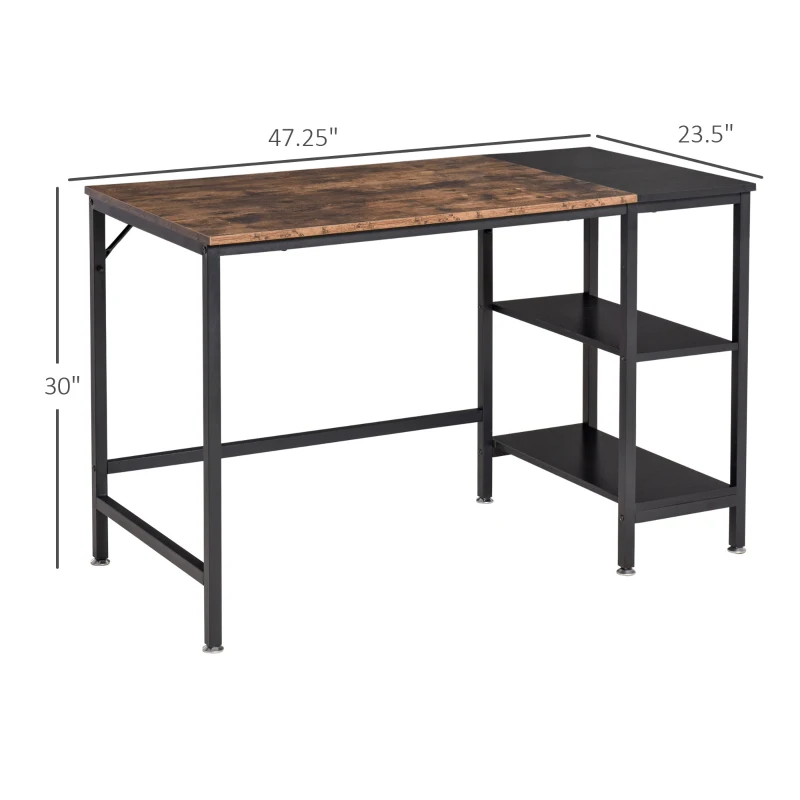 HOMCOM Computer Desk with Storage Shelves, Home Office Desk for Study, Writing, Side Rack on Left or Right, Steel Frame, Rustic Brown