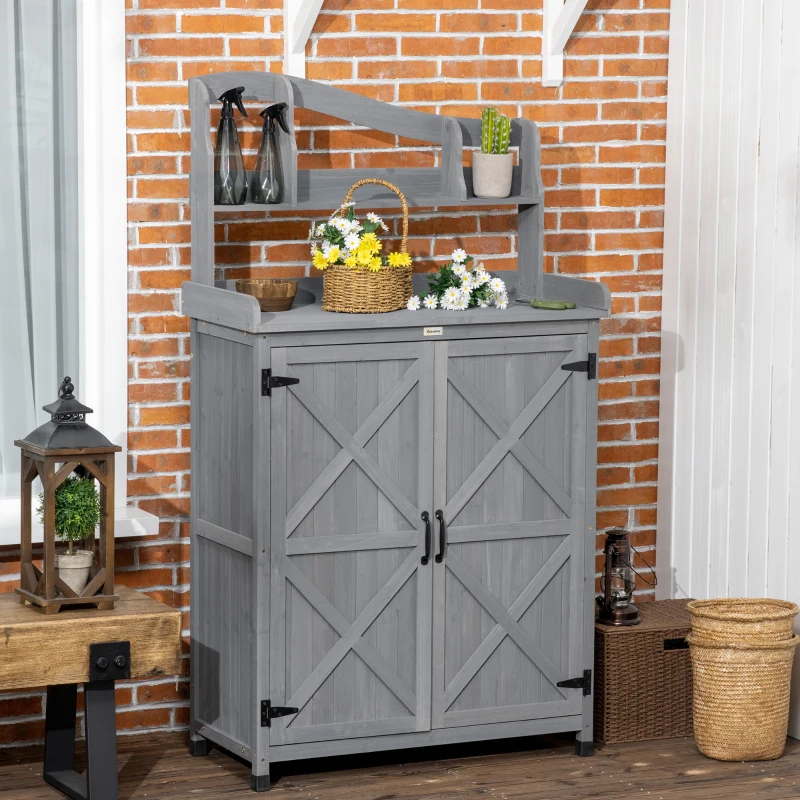 Outsunny Outdoor Storage Cabinet & Potting Table, Wooden Gardening Bench with Patio Cabinet and Magnetic Doors, Grey