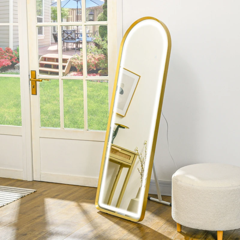 HOMCOM Standing Mirror with LED Lights, 58" x 20" Floor Mirror, Full Body Mirror with Dimmable and 3 Colour Lighting, Gold