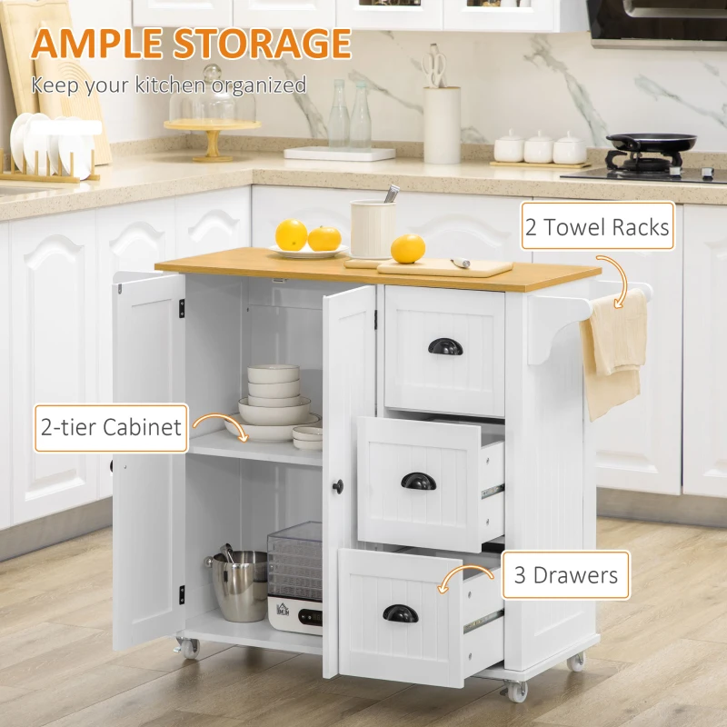 HOMCOM Modern Rolling Kitchen Island Cart with 3 Drawers Towel Rack Double Door Storage Cabinet White