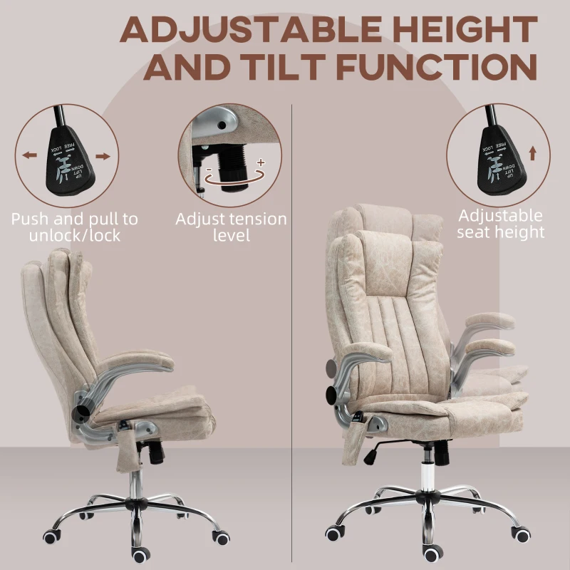 HOMCOM Vibration Massage Office Chair, High Back Heated Computer Chair with Flip-up Armrest & Swivel Wheels, Cream White